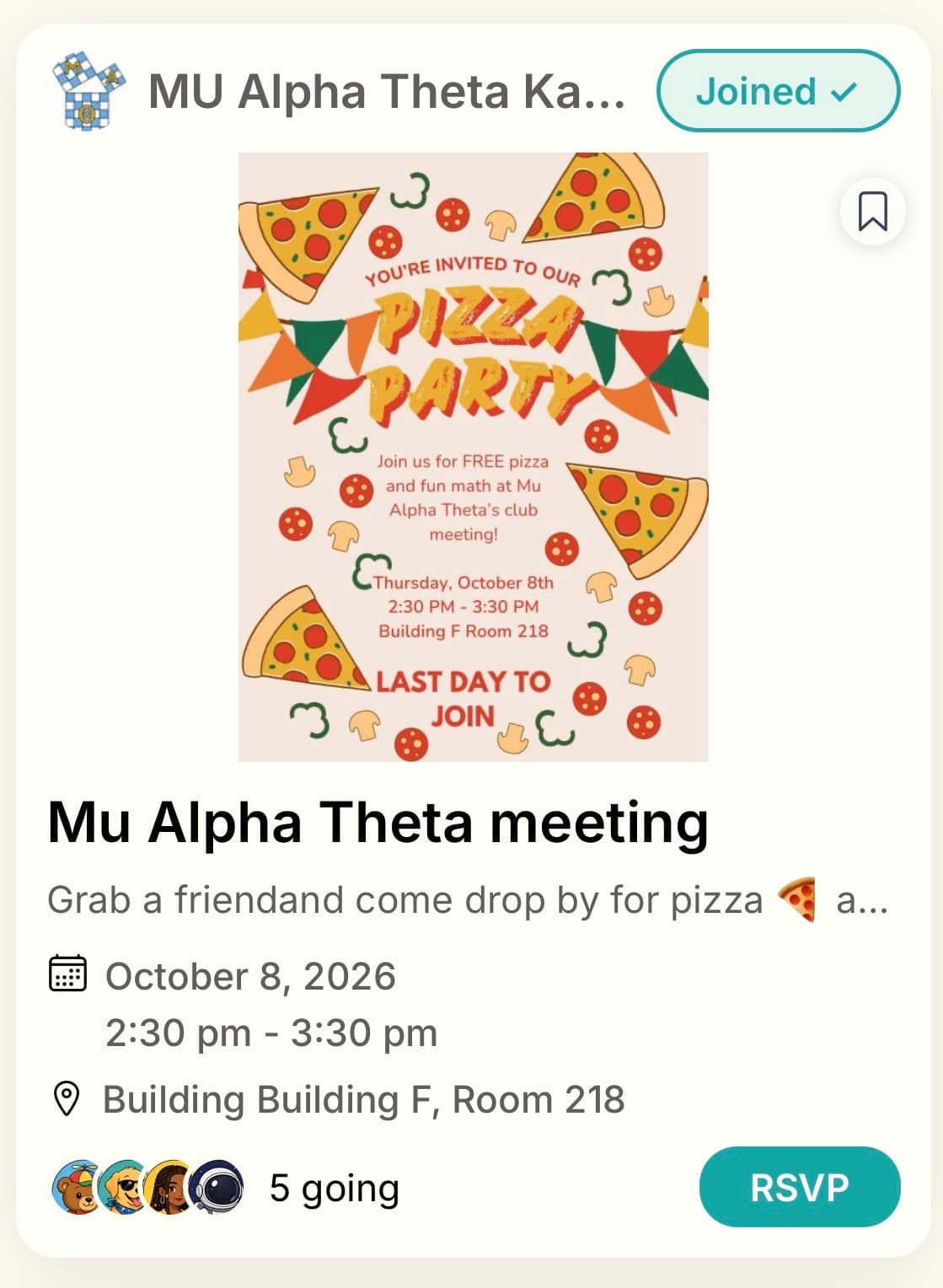 A real We Glue event card for a club pizza party