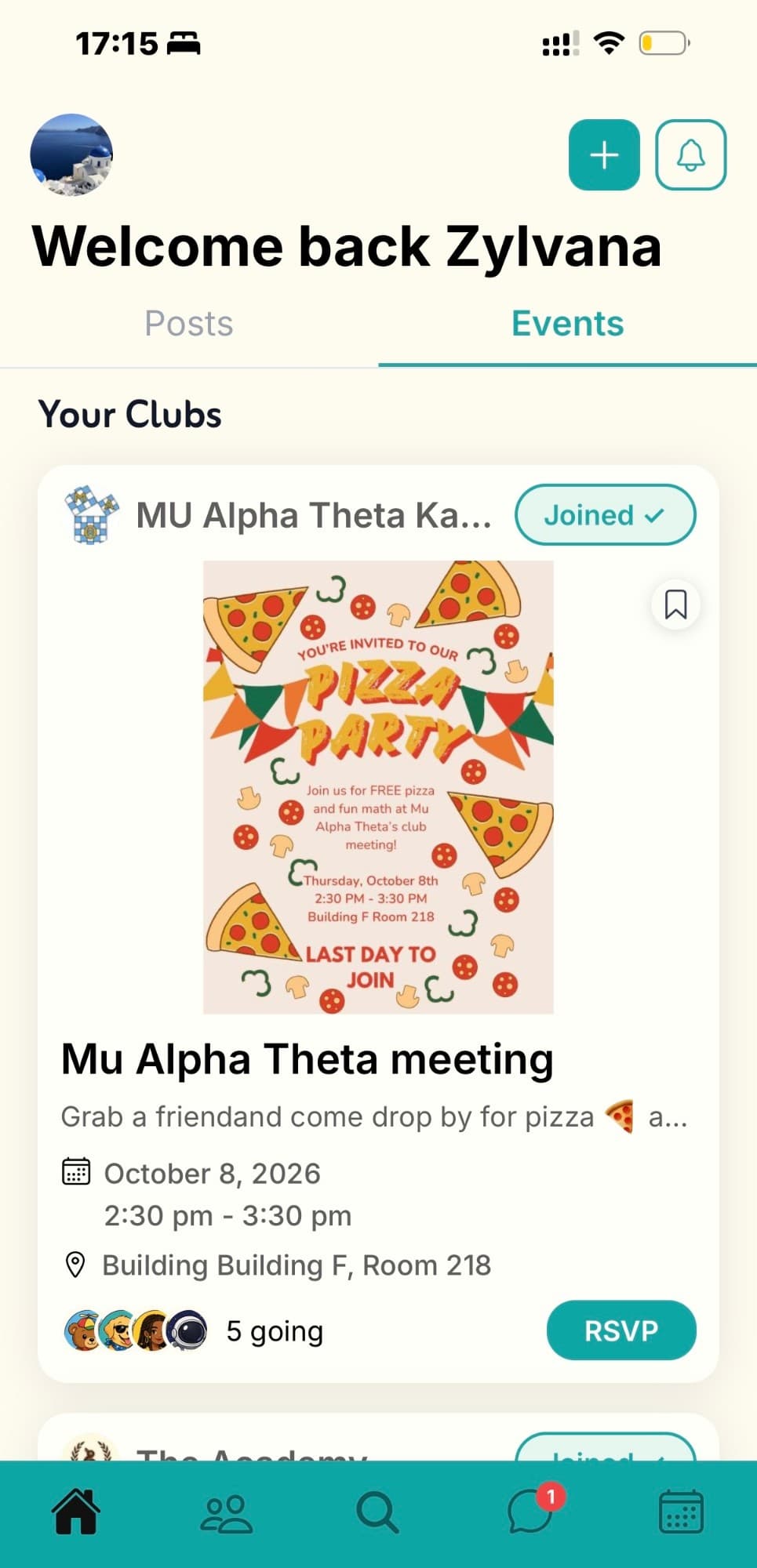 The real We Glue home screen showing upcoming club events