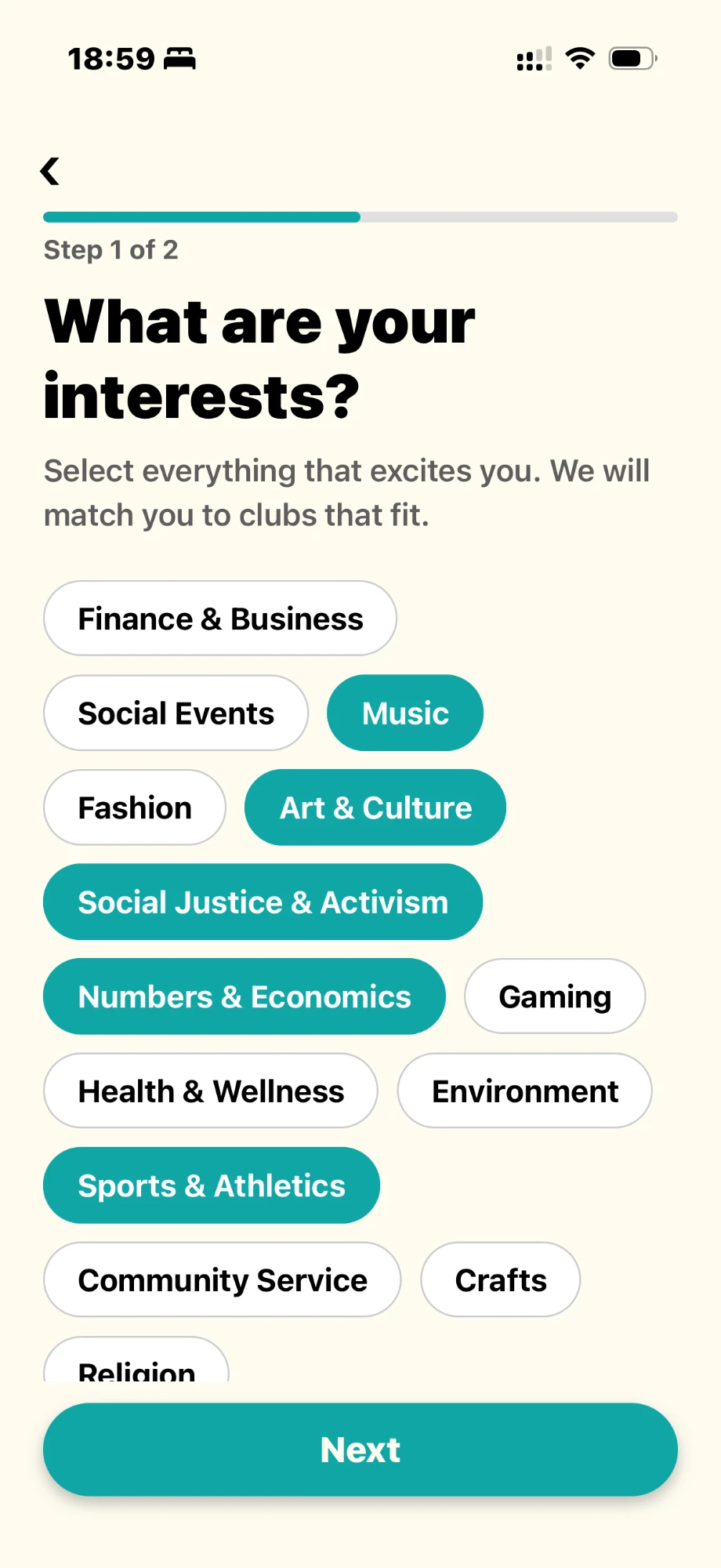 The real We Glue onboarding screen for picking your interests