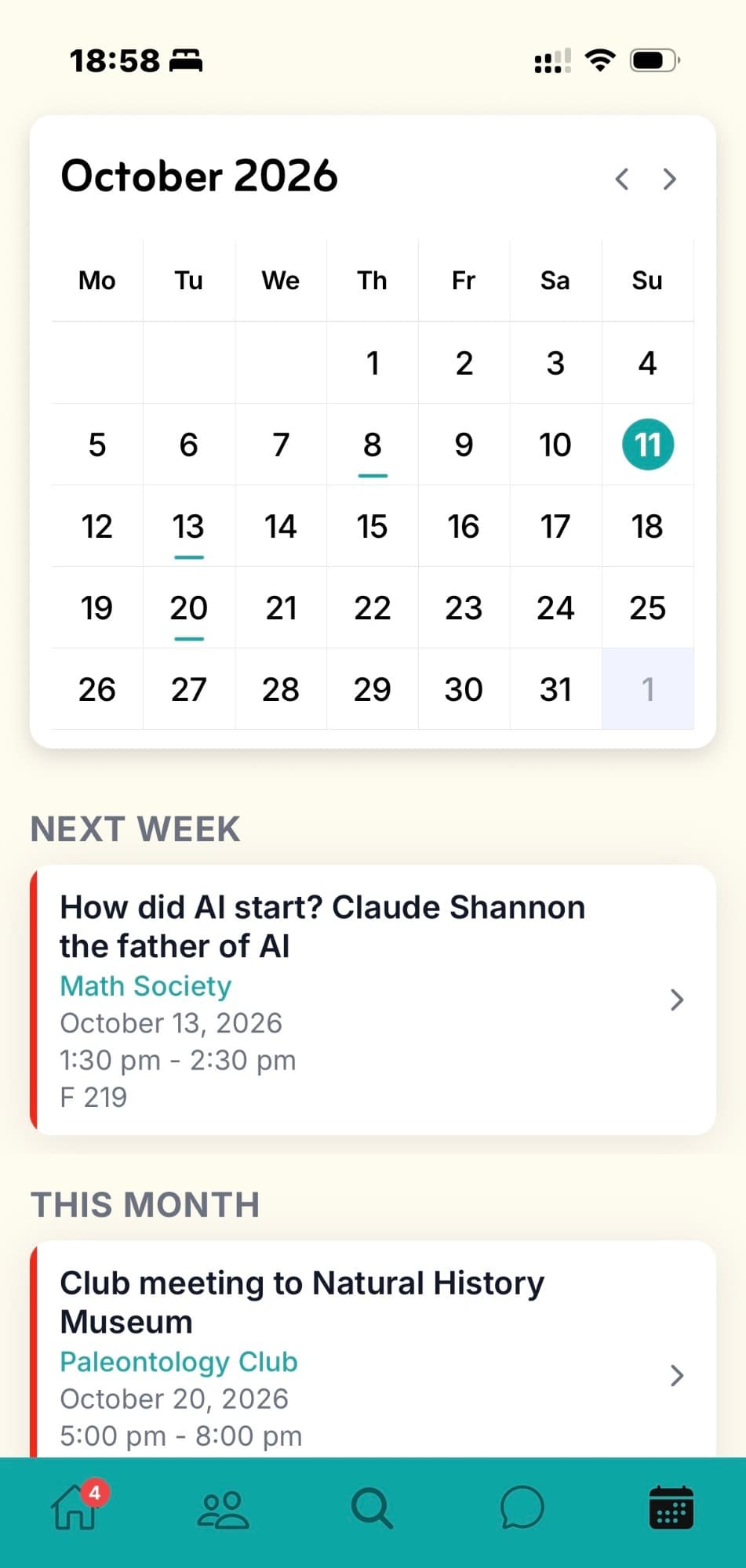The real We Glue calendar screen with saved events
