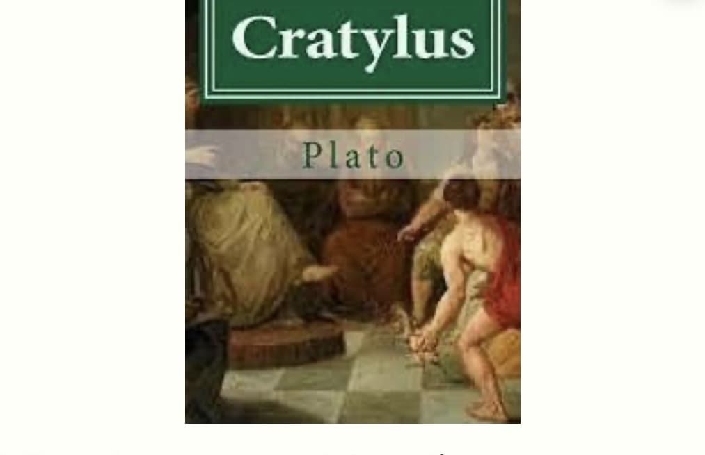 Cover of Plato's Cratylus over a classical painting of a philosophy debate
