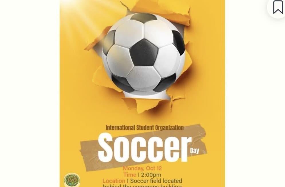 A soccer ball bursting through yellow paper, ISO Soccer Day poster